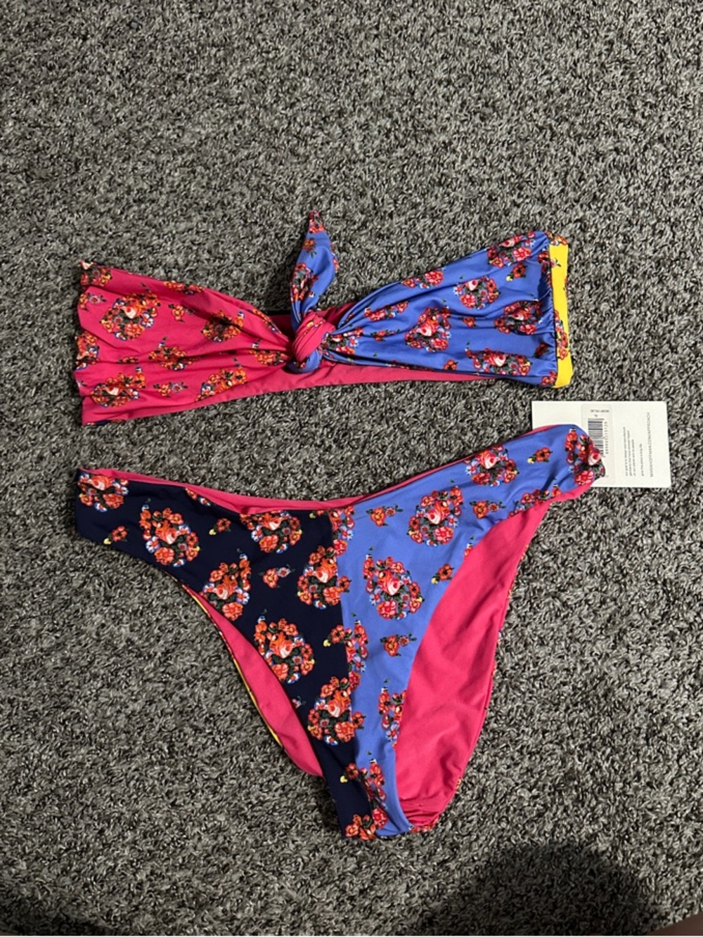 Mara Hoffman Pink Floral Bikini Top with Colorblock Detail
